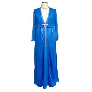 Vintage Stardust Womens Size M Blue Slip Lace Detail Nightgown Peignoir Set
